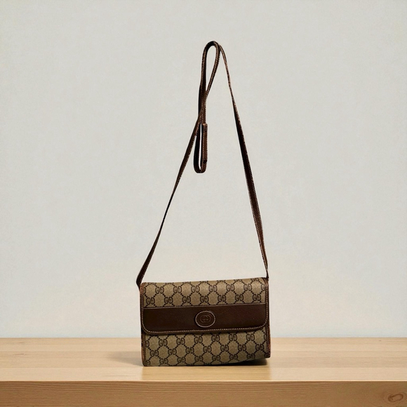 Gucci Handbags - Gucci Brown & Beige Coated Canvas Crossbody Bag w/ Flap Closure